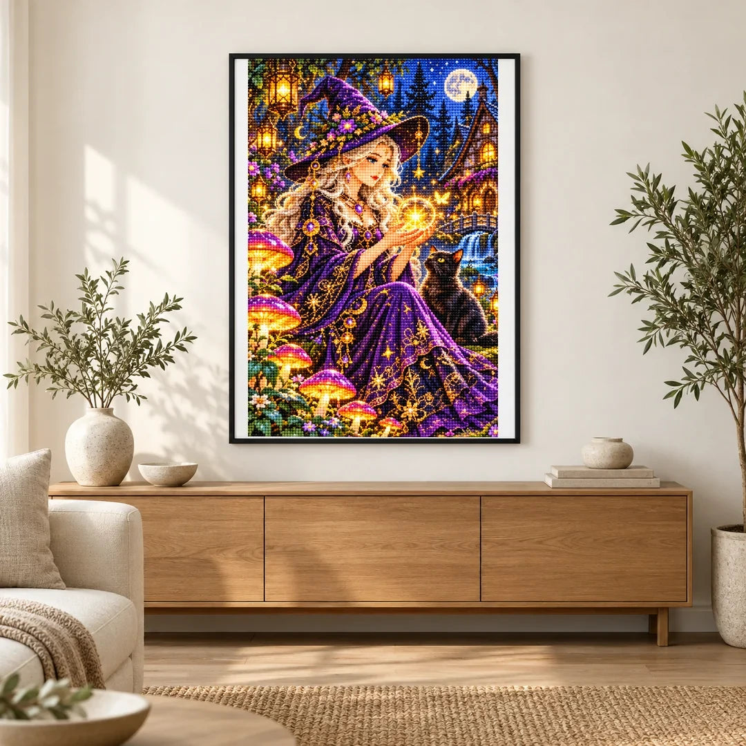 Mushroom Witch Cottage Night finished artwork in home décor