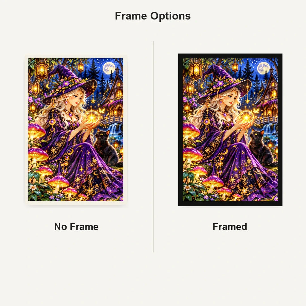 Mushroom Witch Cottage Night No Frame and Framed comparison