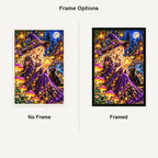 Mushroom Witch Cottage Night No Frame and Framed comparison