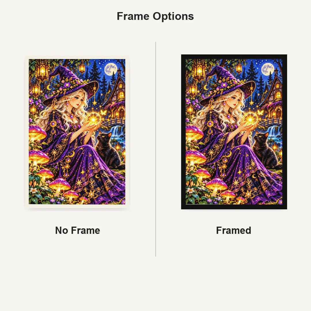 Mushroom Witch Cottage Night No Frame and Framed comparison