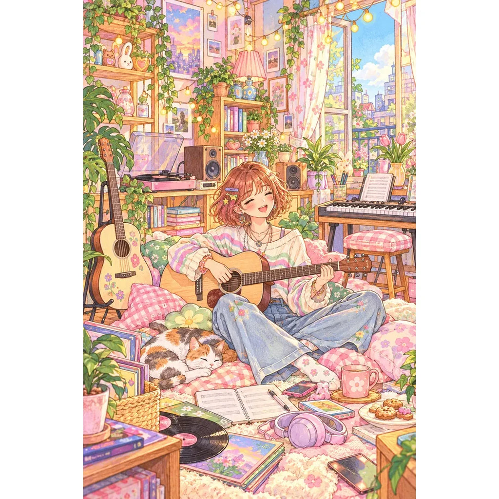 White-background original artwork of a young guitarist relaxing in a colorful, plant-filled music room for a diamond painting kit