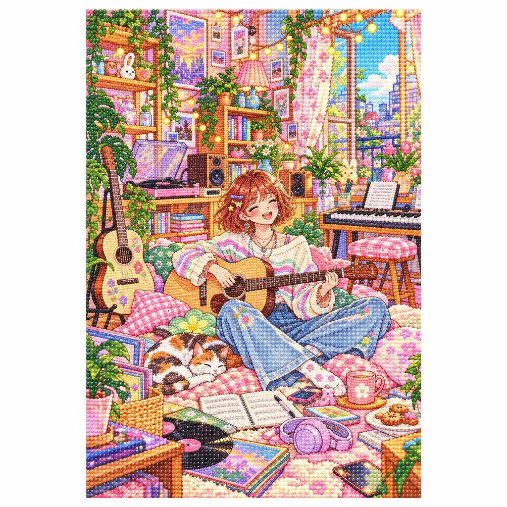 White-background finished diamond painting of a young guitarist relaxing in a colorful, plant-filled music room with sparkling drills