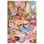 White-background finished diamond painting of a young guitarist relaxing in a colorful, plant-filled music room with sparkling drills