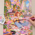 Diamond painting process showing a young guitarist relaxing in a colorful, plant-filled music room being completed with a stylus
