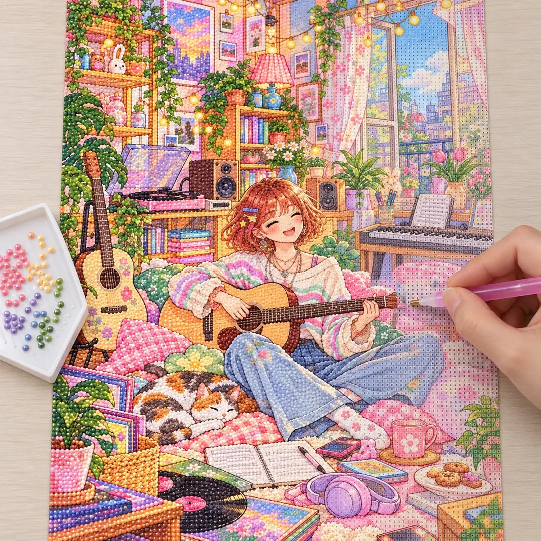 Diamond painting process showing a young guitarist relaxing in a colorful, plant-filled music room being completed with a stylus