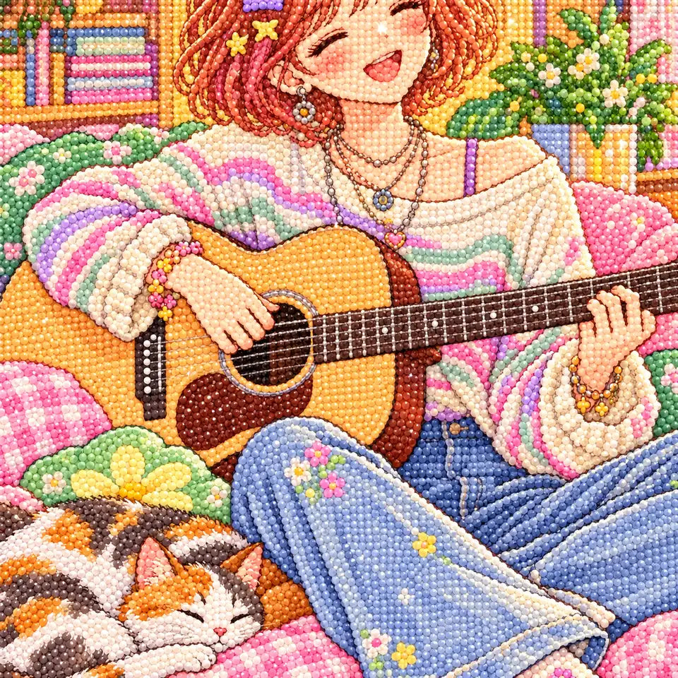 Close-up diamond drill detail of a young guitarist relaxing in a colorful, plant-filled music room artwork