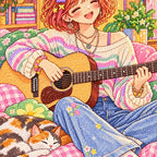 Close-up diamond drill detail of a young guitarist relaxing in a colorful, plant-filled music room artwork