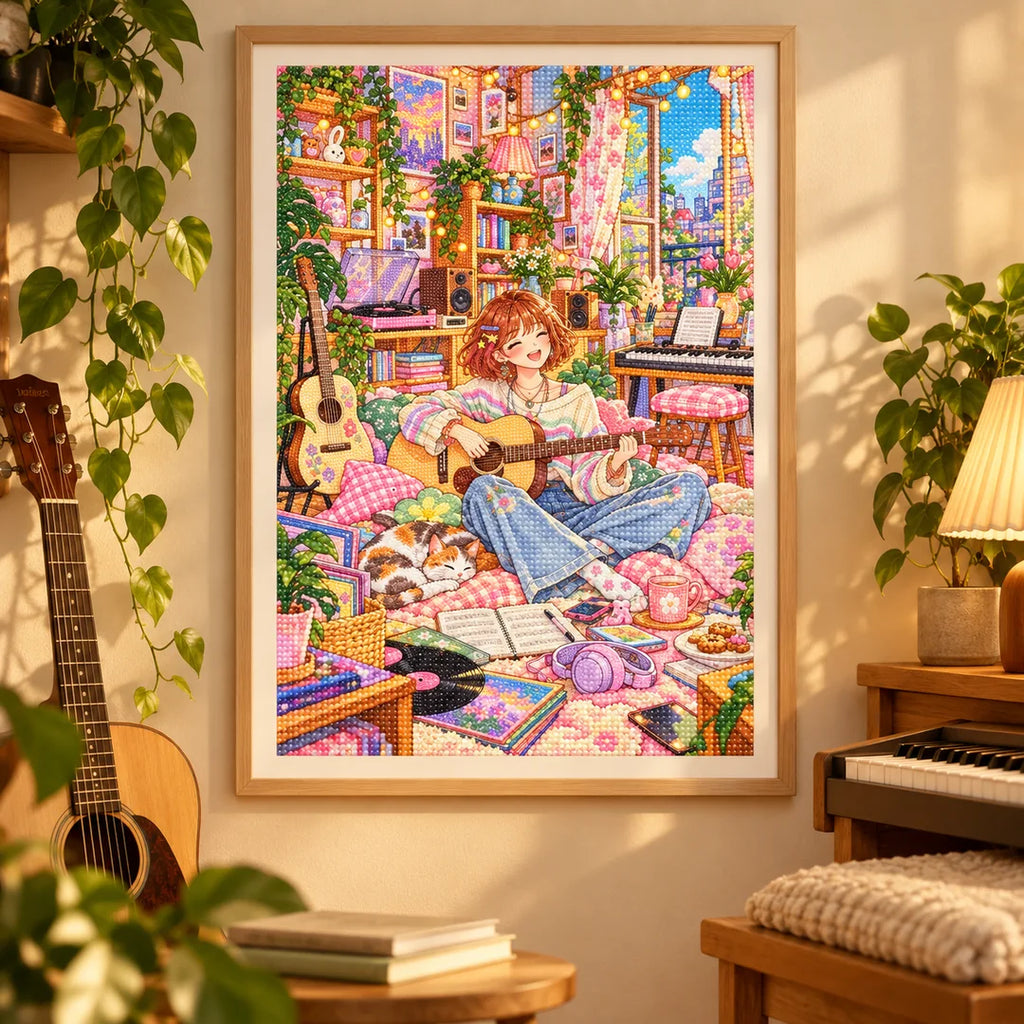 Framed a young guitarist relaxing in a colorful, plant-filled music room diamond painting displayed as home decor