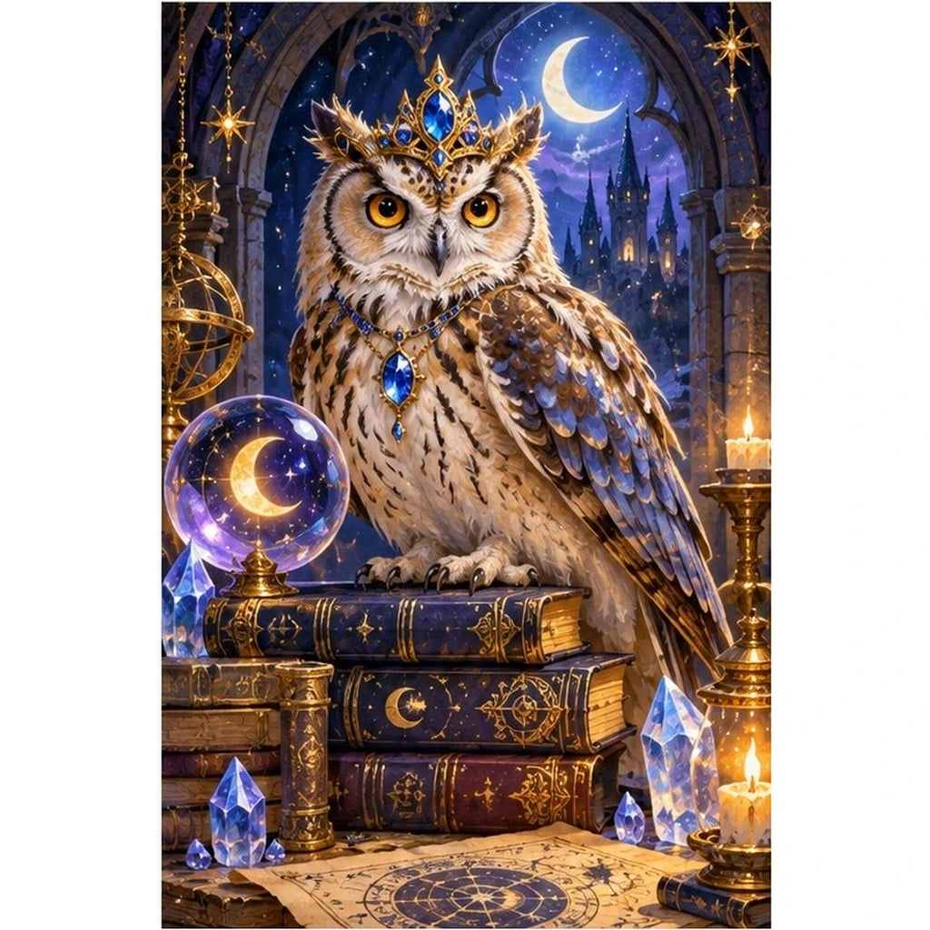 Mystic Owl Crystal Books Diamond Painting Kit original artwork on white background