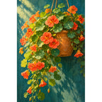 Orange nasturtiums spilling from a hanging basket: original artwork on a white background