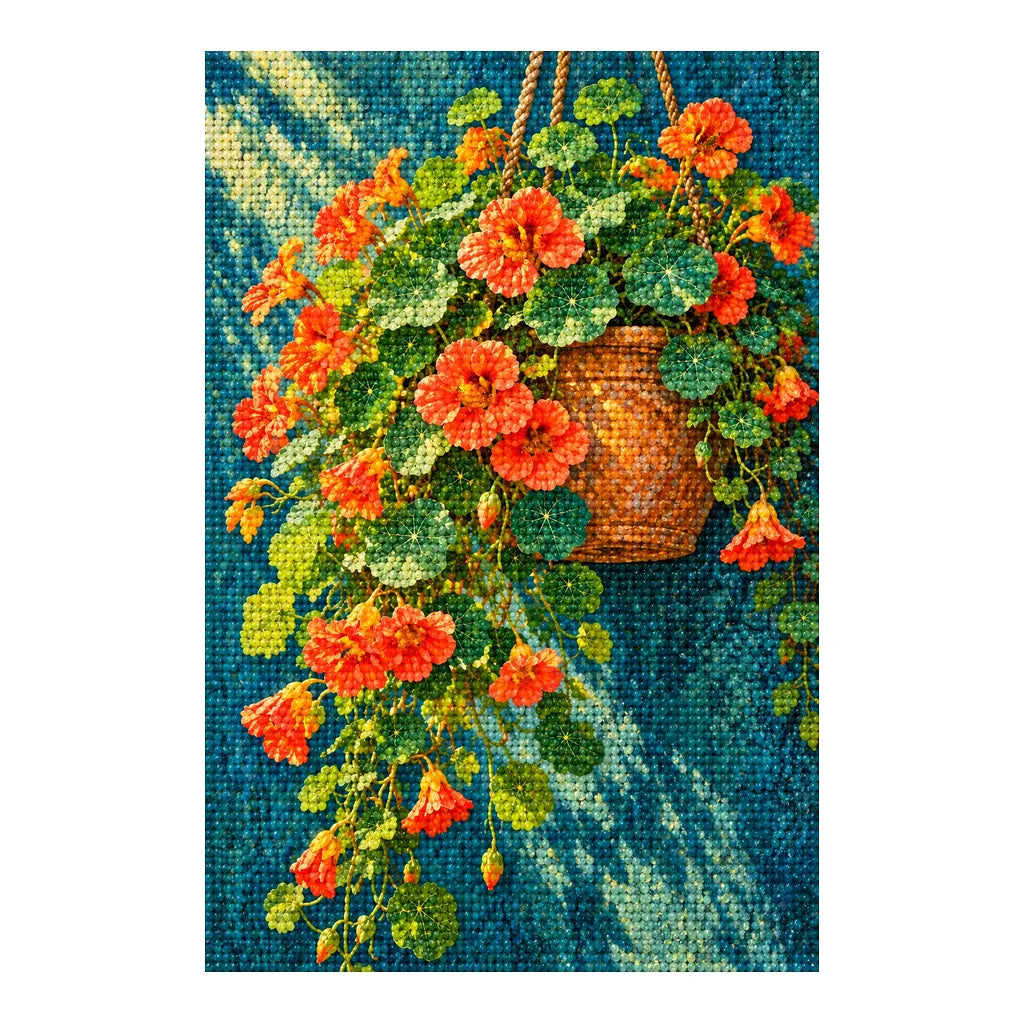 Orange nasturtiums spilling from a hanging basket: finished diamond painting on a white background