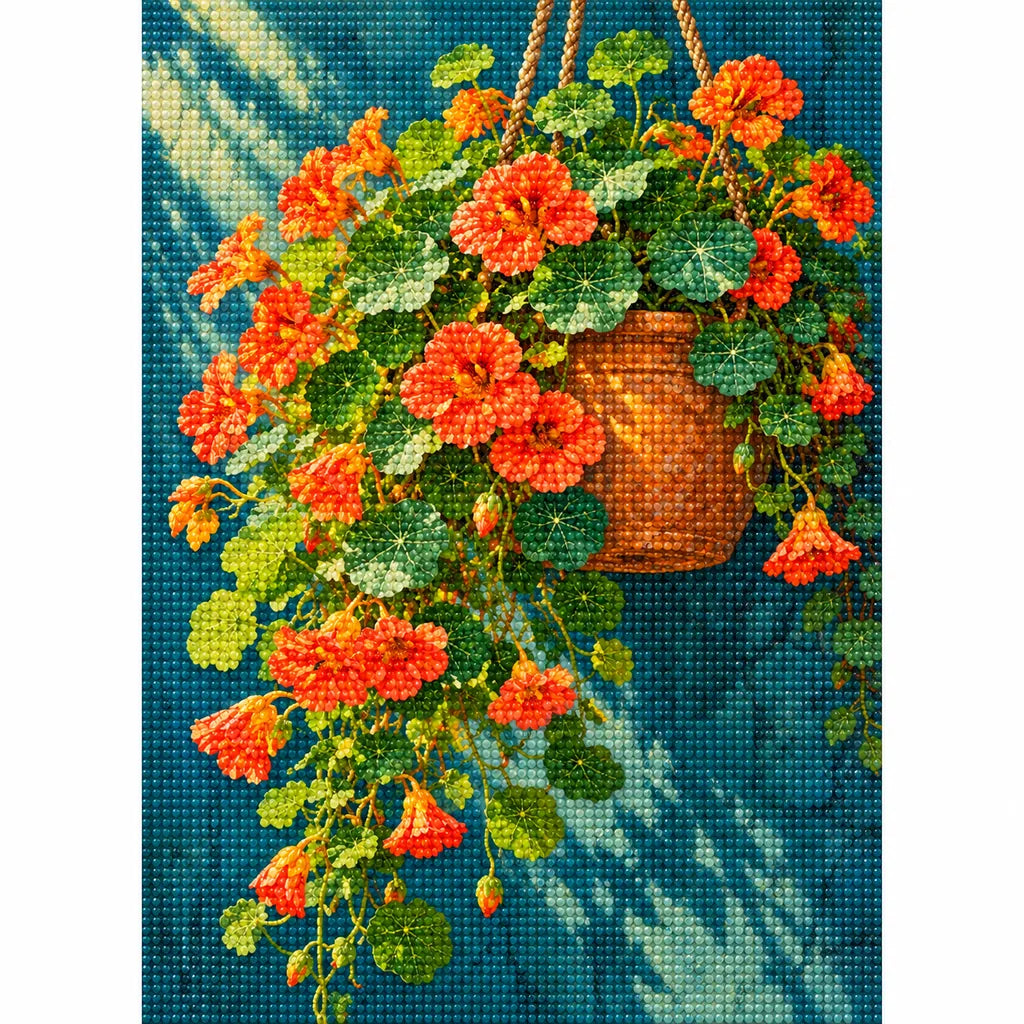 Orange nasturtiums spilling from a hanging basket: finished diamond painting on a white background