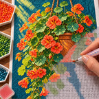 Orange nasturtiums spilling from a hanging basket: diamond painting being completed with a pen