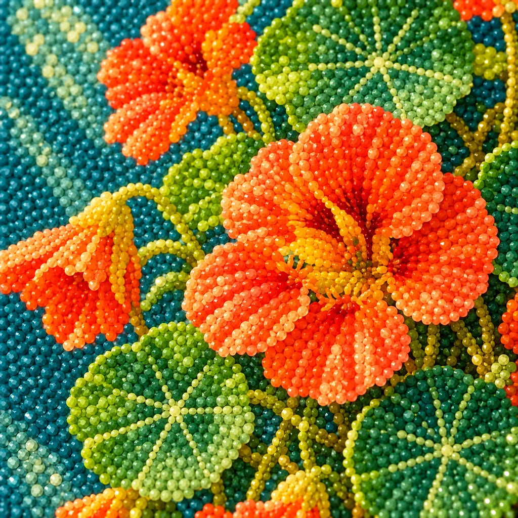 Orange nasturtiums spilling from a hanging basket: close-up of diamond drills