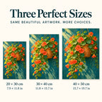 Orange nasturtiums spilling from a hanging basket: size guide showing three available dimensions