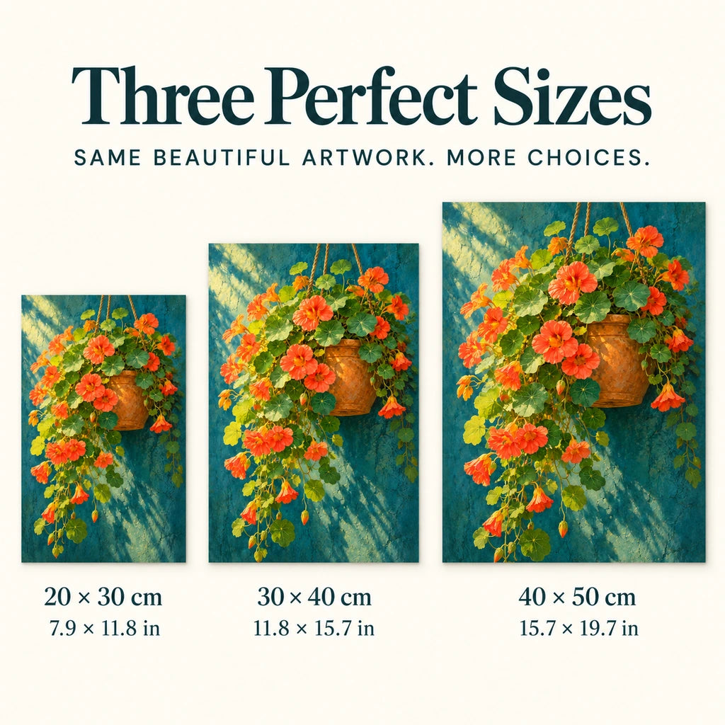 Orange nasturtiums spilling from a hanging basket: size guide showing three available dimensions
