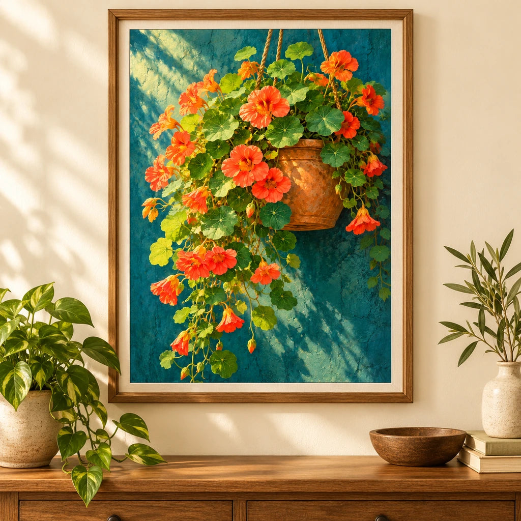 Orange nasturtiums spilling from a hanging basket: diamond painting displayed as home wall decor