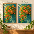 Orange nasturtiums spilling from a hanging basket: framed and no-frame style comparison