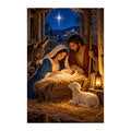 White-background original artwork of nativity at the stable doorway