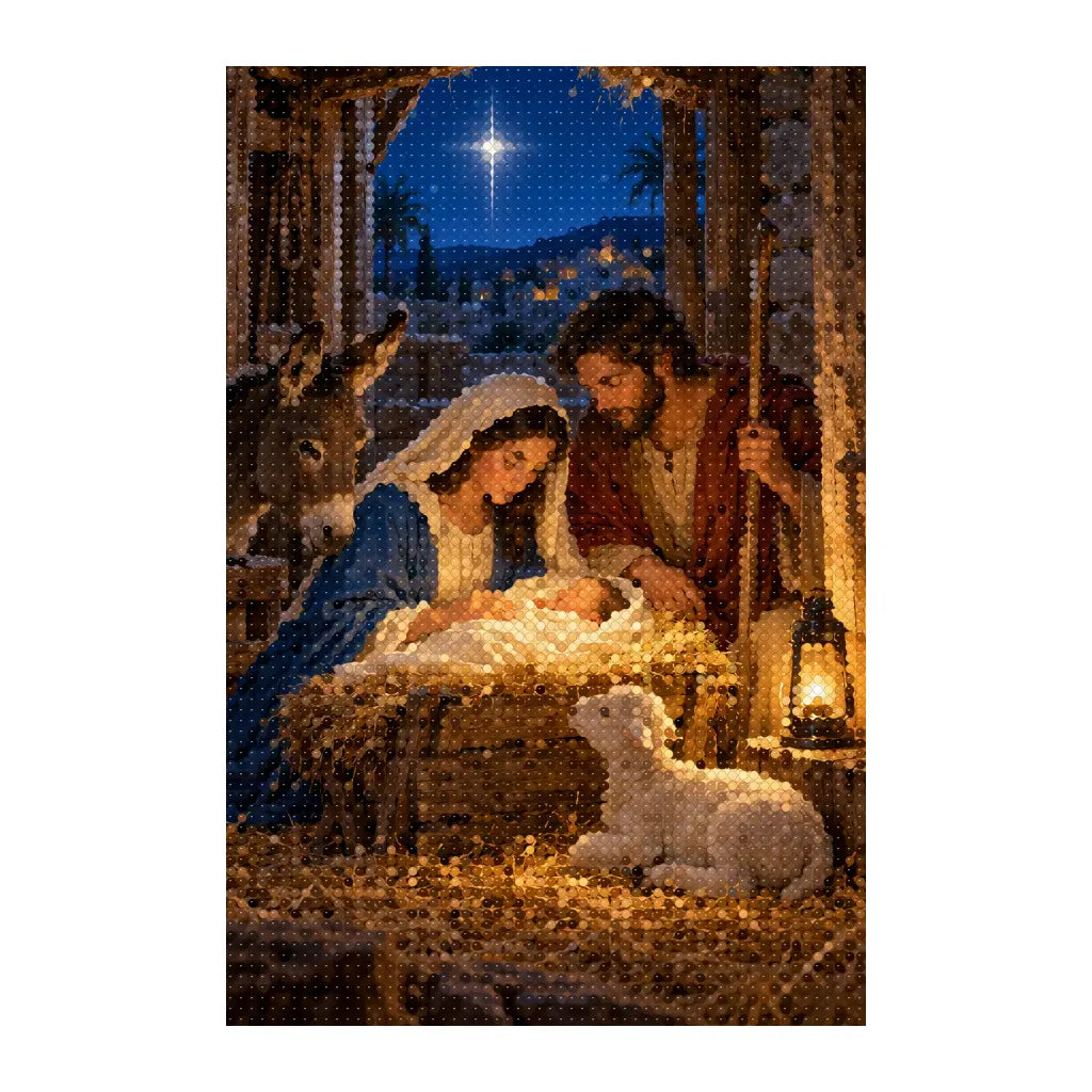 White-background finished diamond painting of nativity at the stable doorway