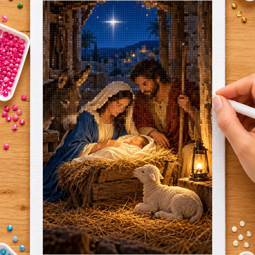 Hands placing drills on the nativity at the stable doorway diamond painting canvas