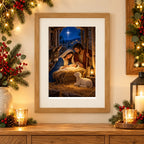 Framed home display of the nativity at the stable doorway diamond painting