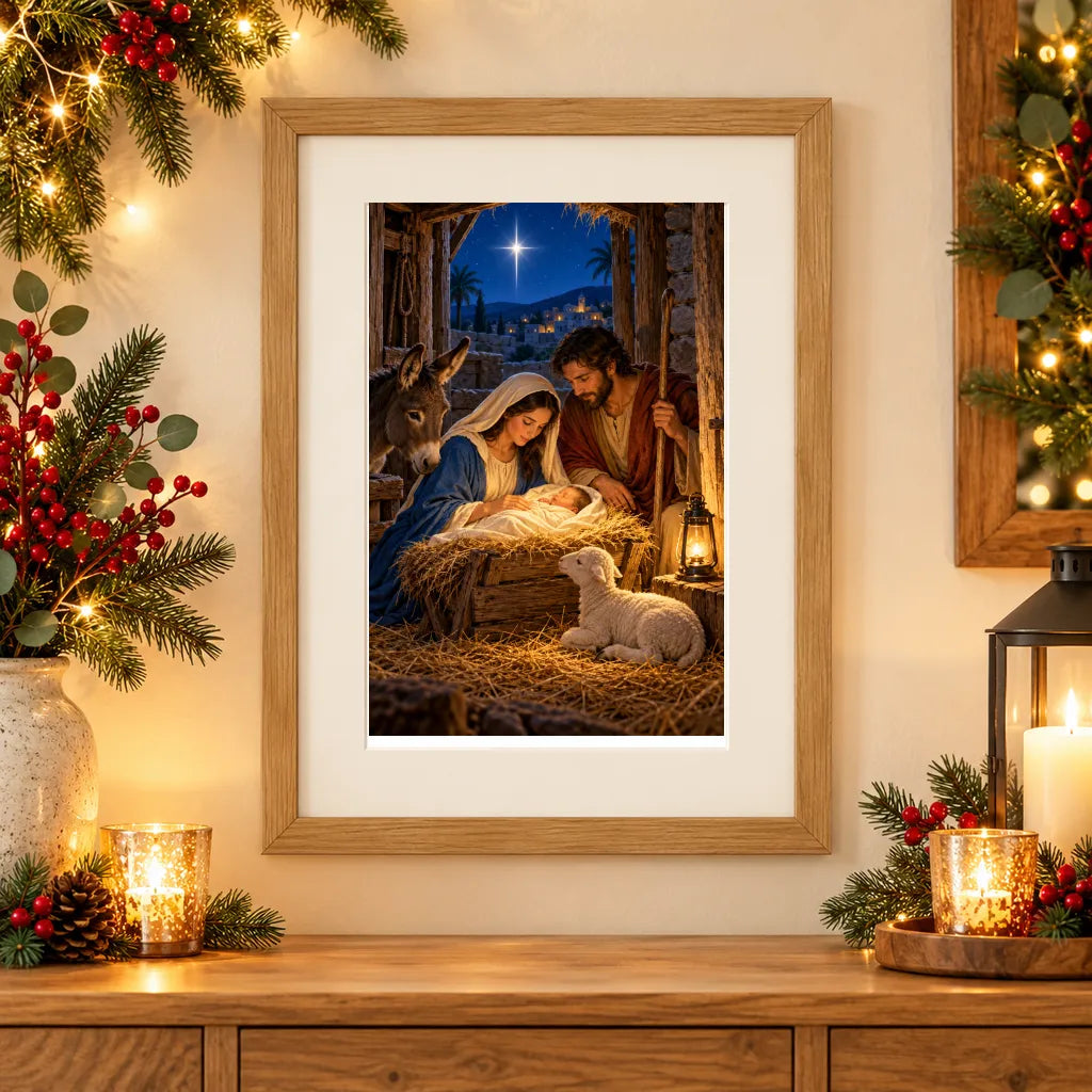 Framed home display of the nativity at the stable doorway diamond painting
