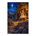 White-background original artwork of nativity in a hillside grotto