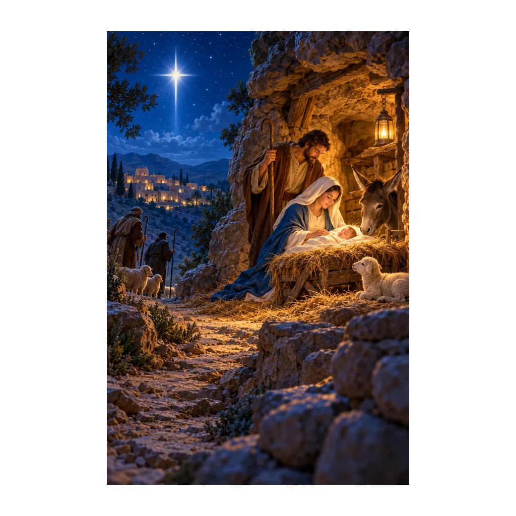 White-background original artwork of nativity in a hillside grotto