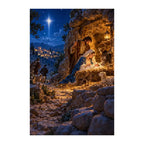 White-background finished diamond painting of nativity in a hillside grotto