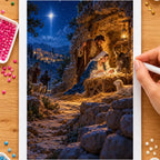 Hands placing drills on the nativity in a hillside grotto diamond painting canvas