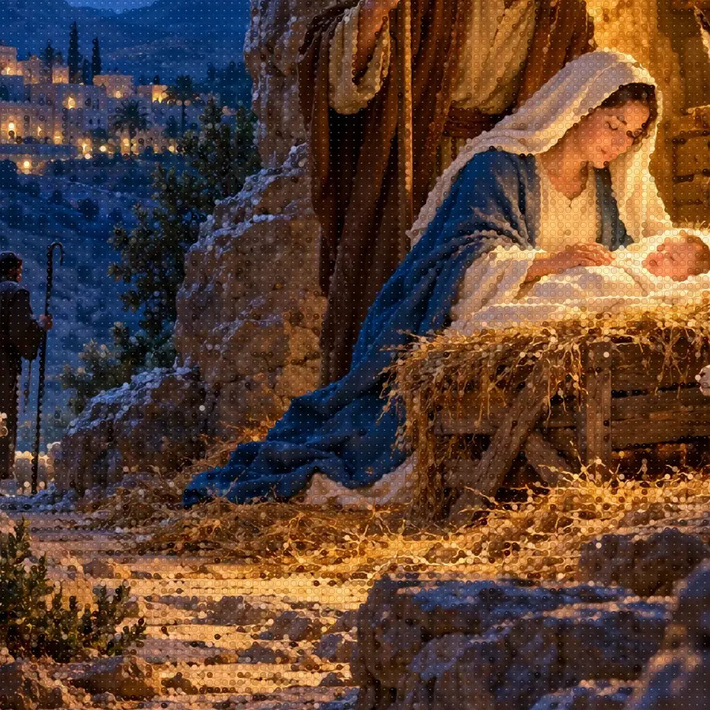 Close-up diamond detail of the nativity in a hillside grotto diamond painting