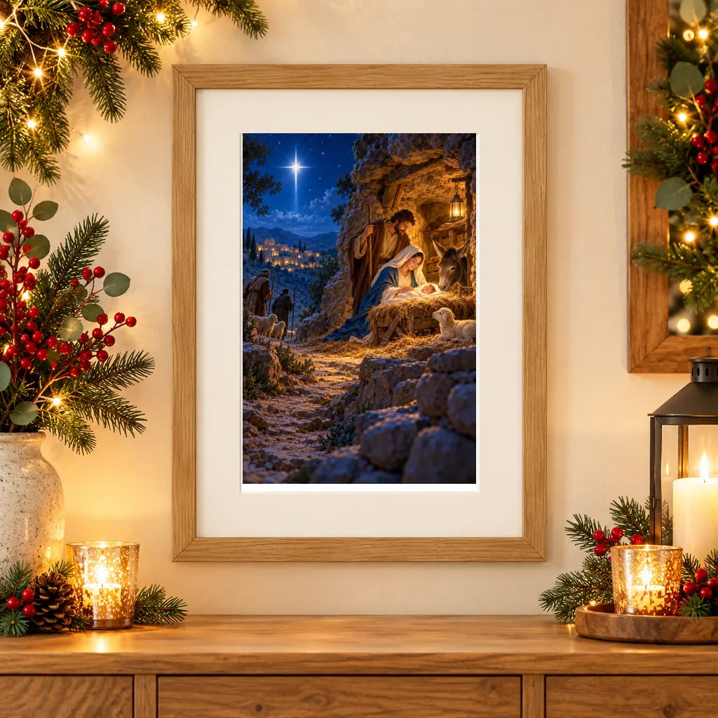 Framed home display of the nativity in a hillside grotto diamond painting