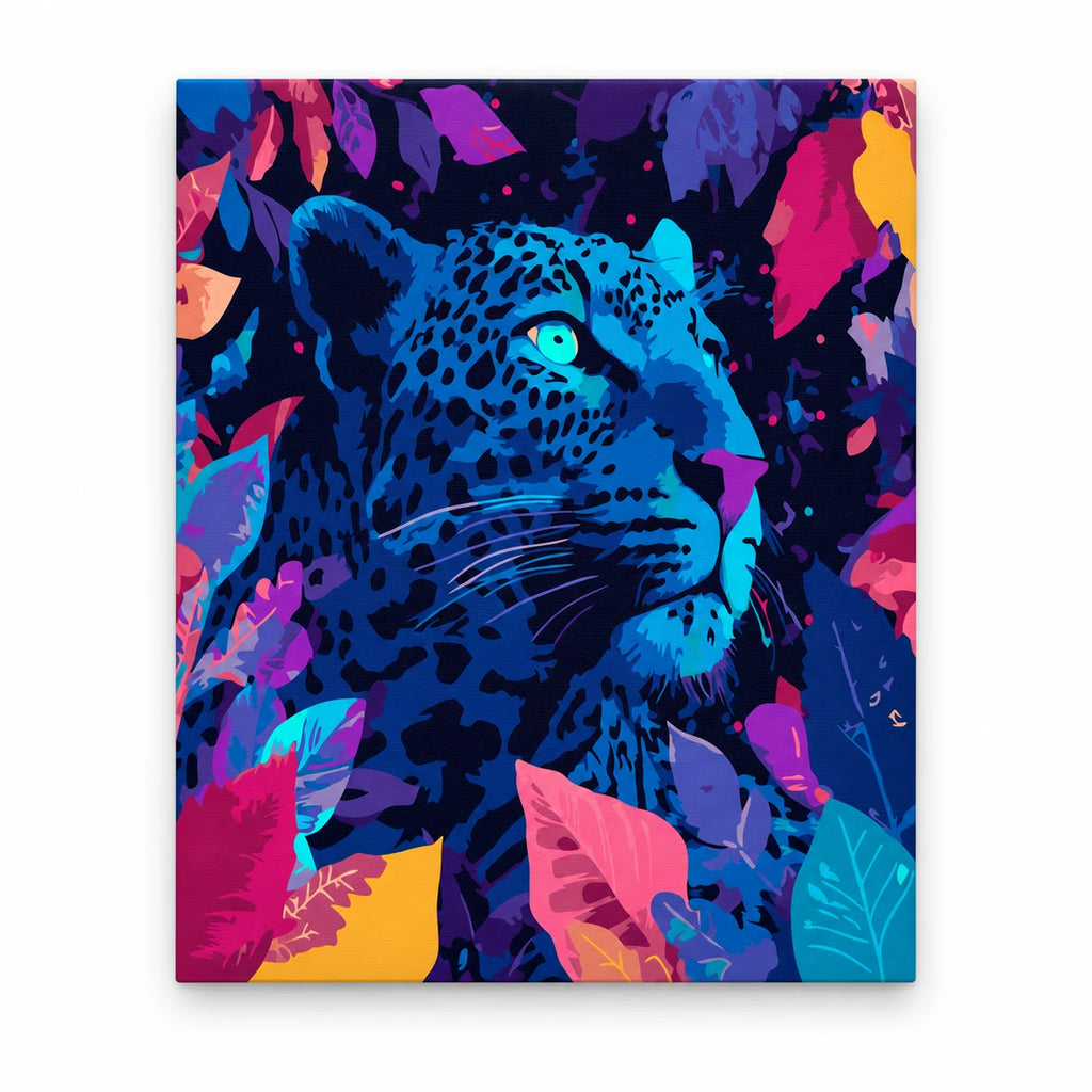 Neon Blue Leopard Portrait paint by numbers artwork on a front-facing canvas against a white background