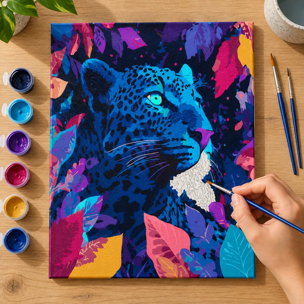 Complete Neon Blue Leopard Portrait numbered canvas being painted with acrylic paints and brushes