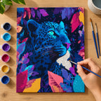 Complete Neon Blue Leopard Portrait numbered canvas being painted with acrylic paints and brushes