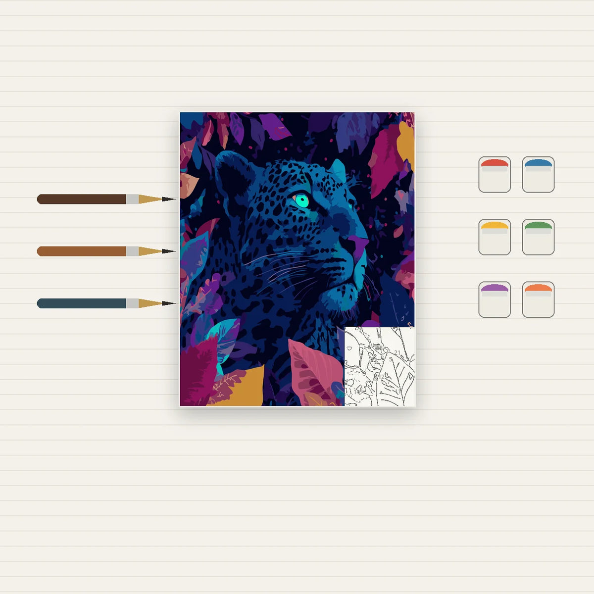 Complete Neon Blue Leopard Portrait numbered canvas being painted with acrylic paints and brushes