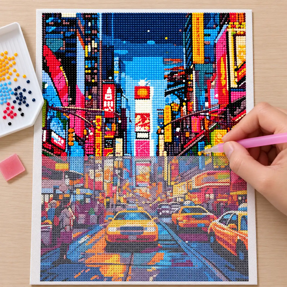 Diamond painting process for Neon Rush Hour