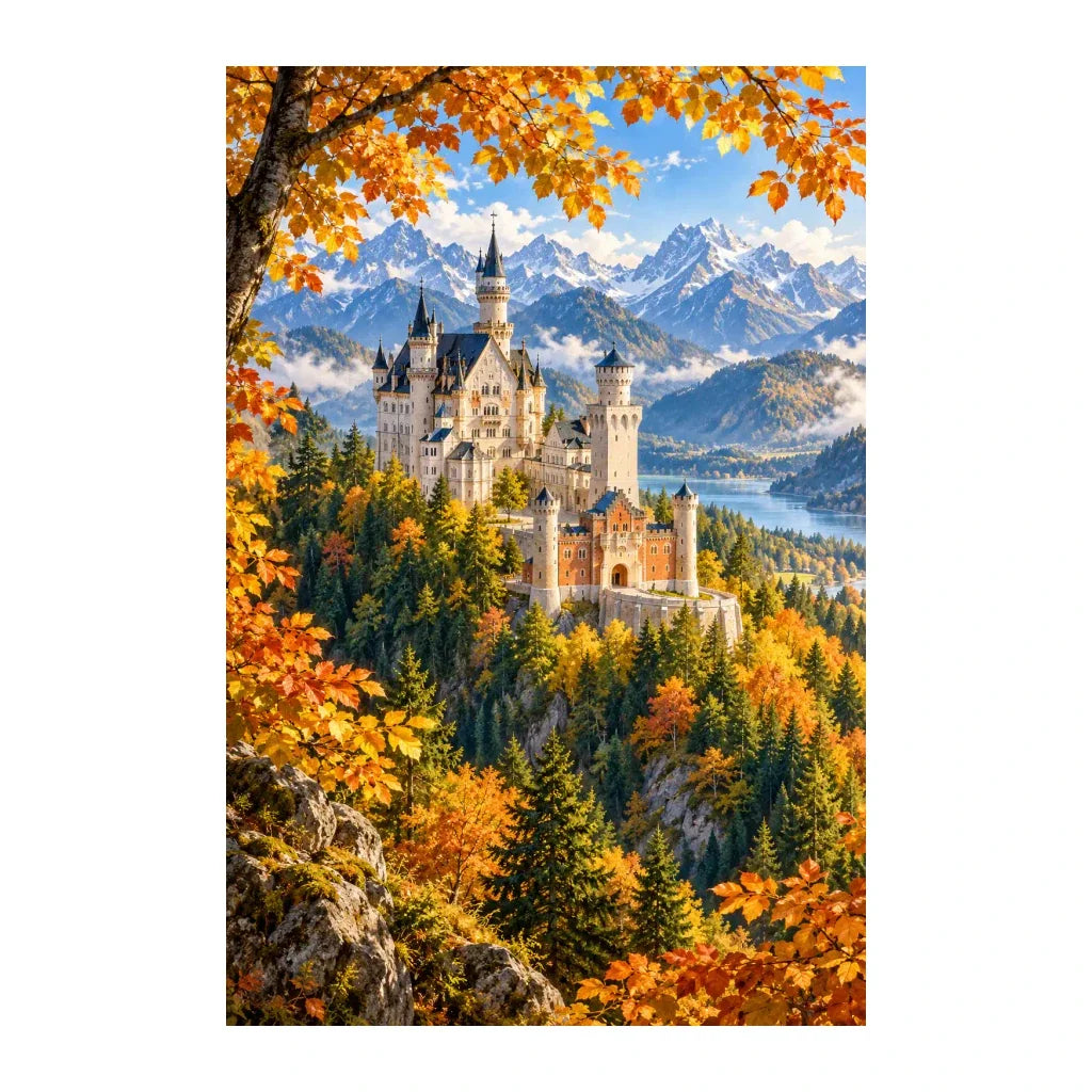 Original Neuschwanstein Autumn artwork on a white background.