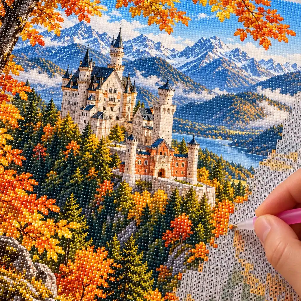 Hands placing diamond drills on the Neuschwanstein Autumn design.