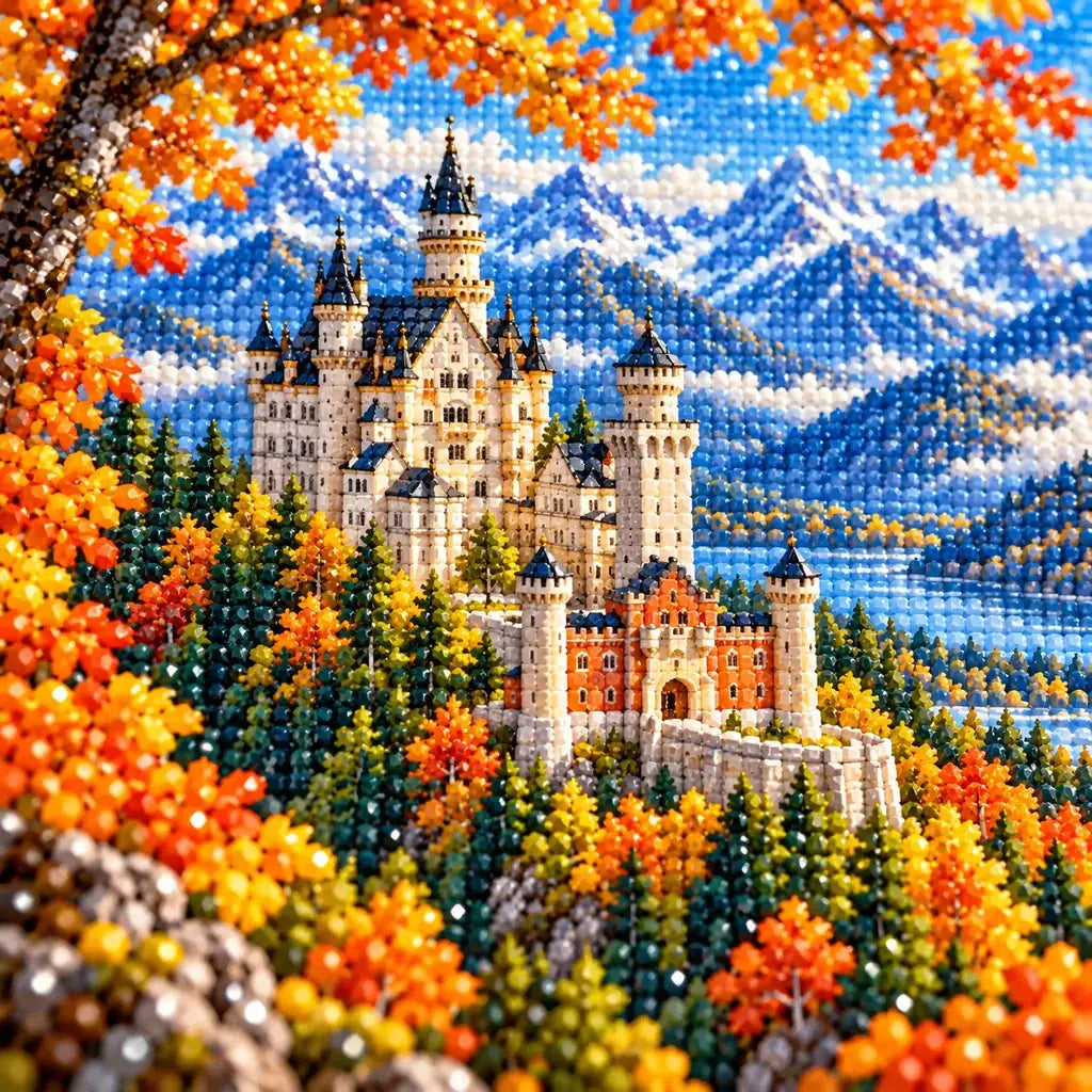 Close-up of drill details in the Neuschwanstein Autumn diamond painting.