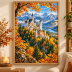 Framed Neuschwanstein Autumn diamond painting displayed as home decor.