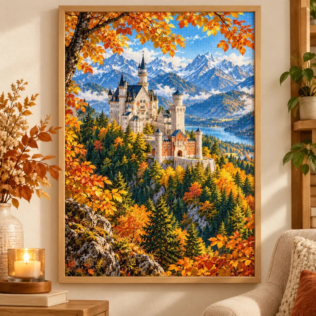 Framed Neuschwanstein Autumn diamond painting displayed as home decor.