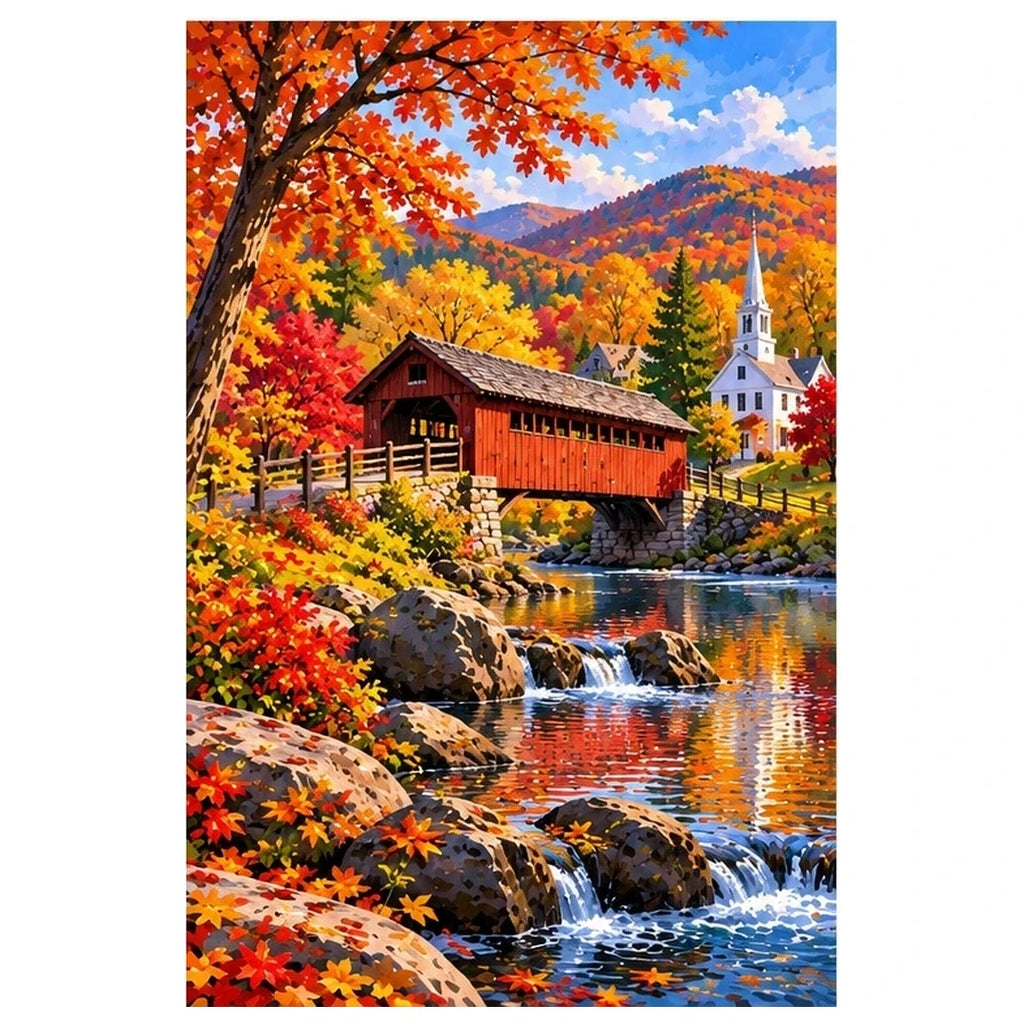 New England Covered Bridge Fall original artwork on white