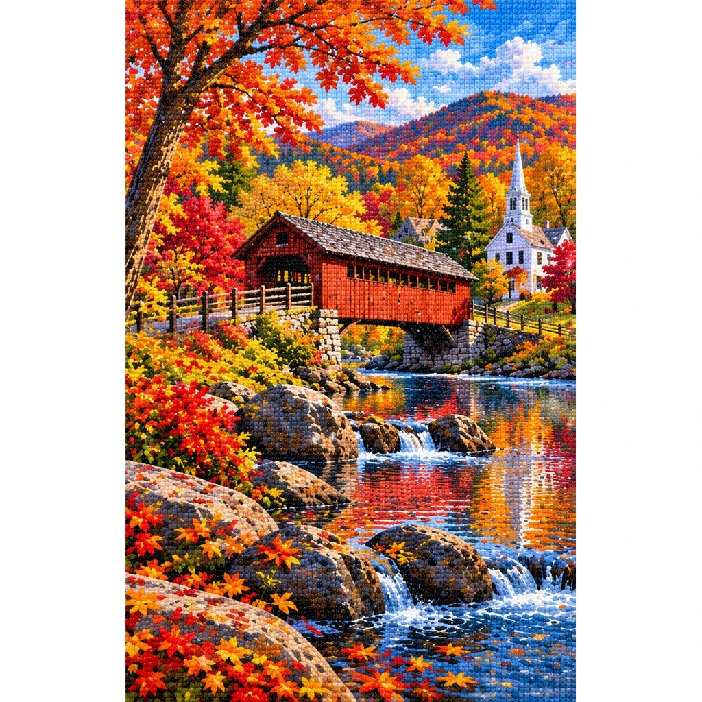 New England Covered Bridge Fall finished diamond painting on white