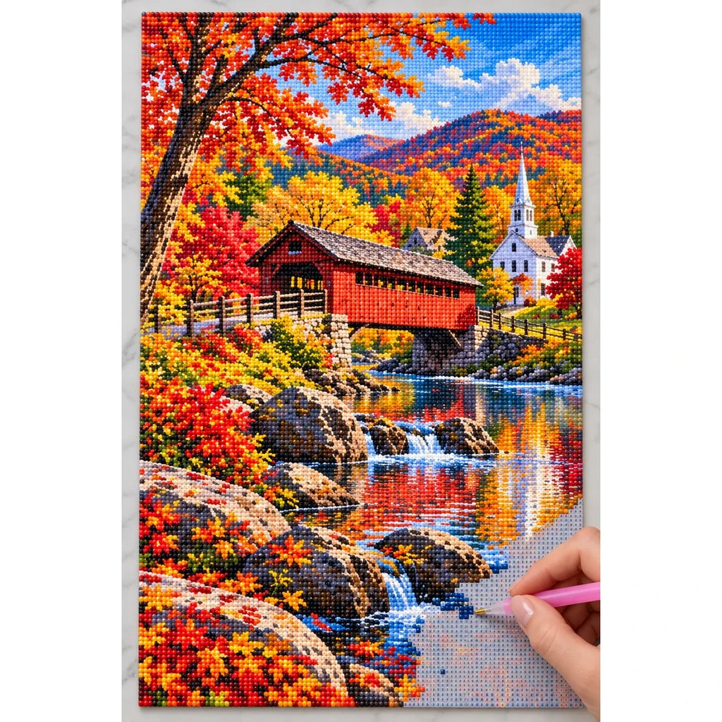 New England Covered Bridge Fall diamond painting process