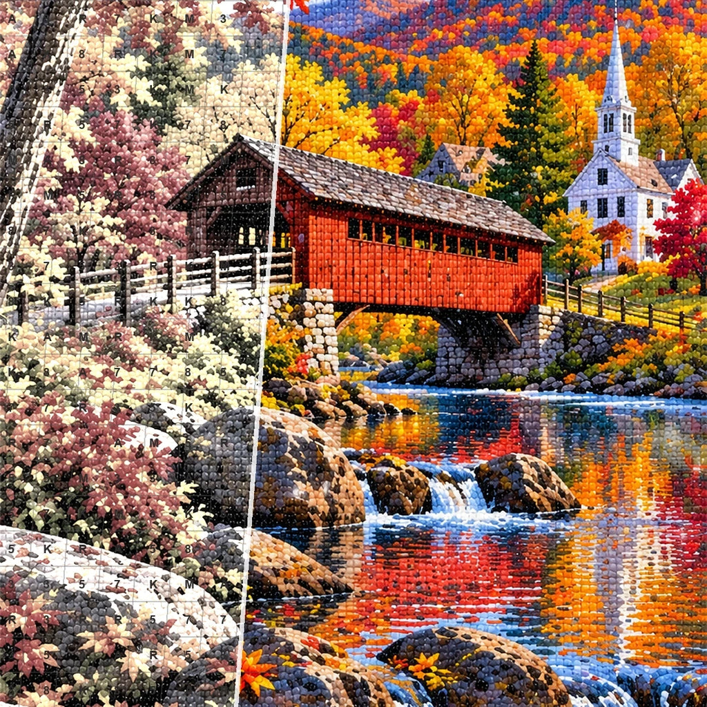 New England Covered Bridge Fall canvas and resin drill detail