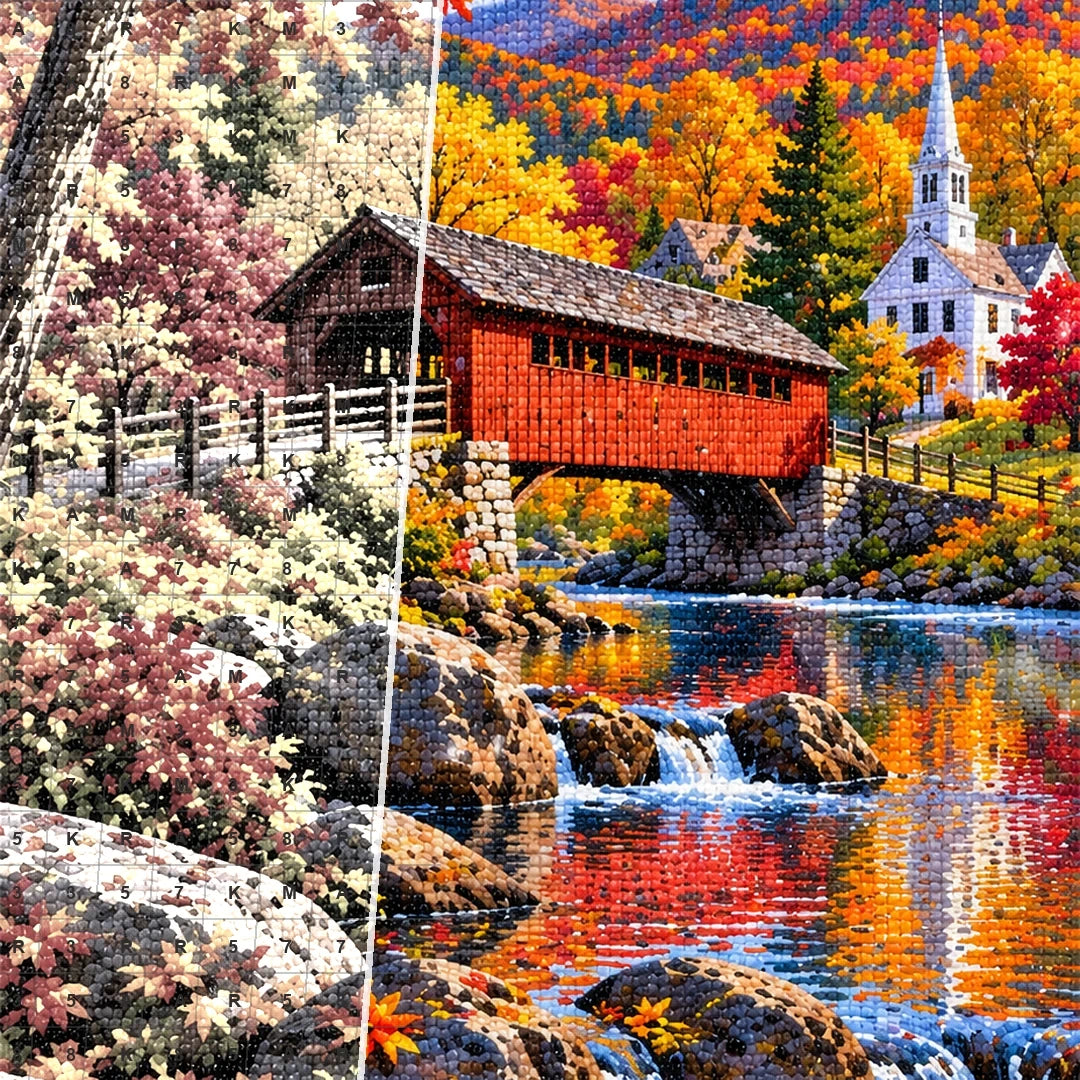 New England Covered Bridge Fall canvas and resin drill detail