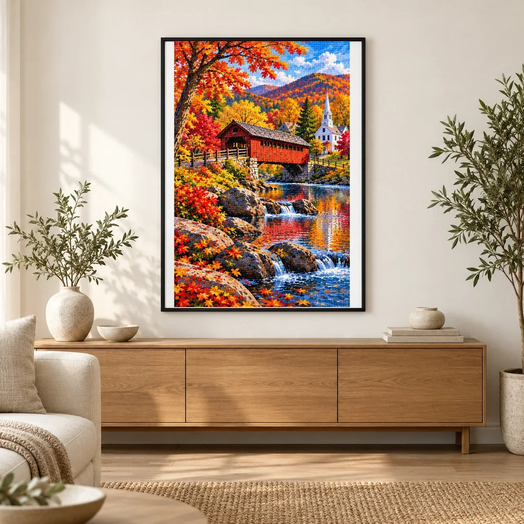 New England Covered Bridge Fall finished artwork in home décor
