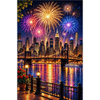New Year Midnight City Fireworks — original artwork on a clean white background